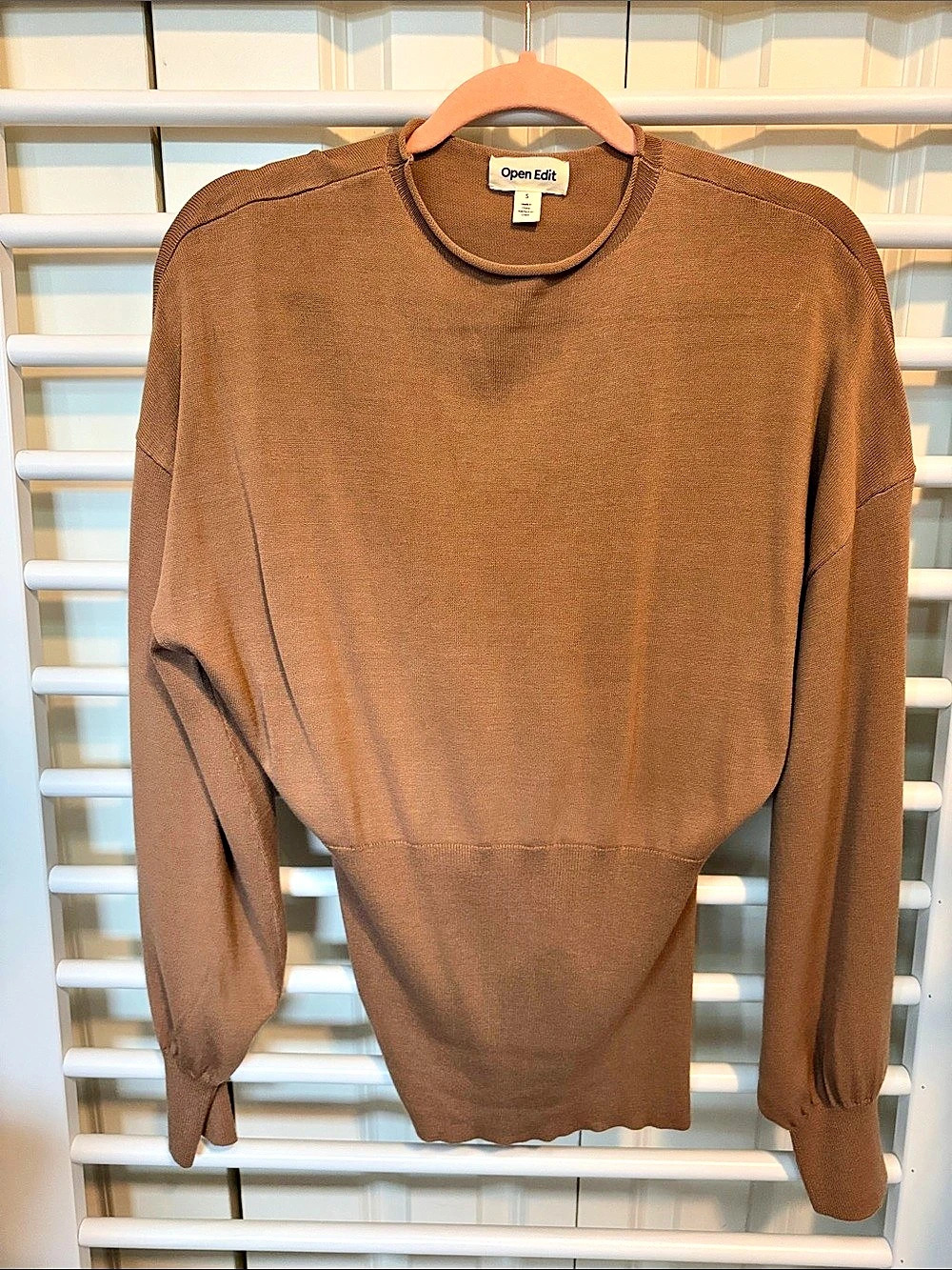 Open Edit Brown/Tan Long Sleeve Tie-Back Blouse Like New